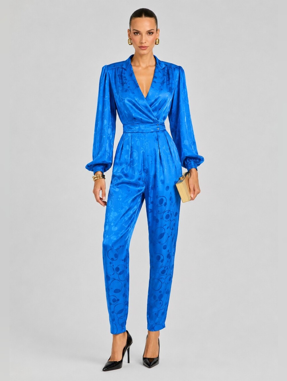 Vintage Blue Silk Jacquard Wrap Jumpsuit 4